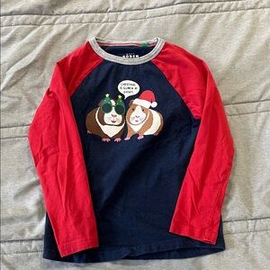 Mini Boden Red and Navy Long Sleeve Tee with Holiday Guinea Pigs